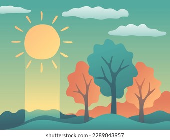 Abstract beautiful outdoor scene - landscape in simple doodle style. Drawn trees, sunny sky and hills