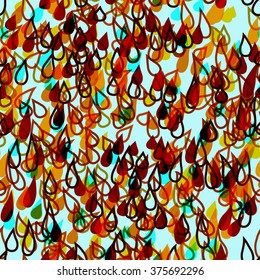 Abstract beautiful pattern with stylized leaves in the form of drops. The red and blue elements on brown background. The effect of autumn foliage