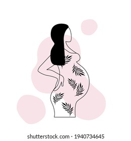 Abstract beautiful pregnant woman in minimal modern one line art style. Pregnant woman silhouette sideways on geometric background. Motherhood, maternity and pregnancy concept. Vector illustration