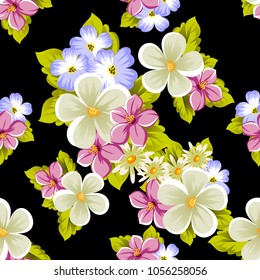 abstract beautiful seamless pattern of flowers on black background. For your design of greeting cards, invitations, fabric. Vector illustration.
