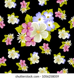 abstract beautiful seamless pattern of flowers on black background. For your design of greeting cards, invitations, fabric. Vector illustration.