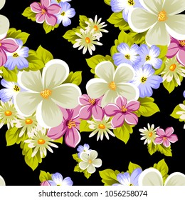 abstract beautiful seamless pattern of flowers on black background. For your design of greeting cards, invitations, fabric. Vector illustration.