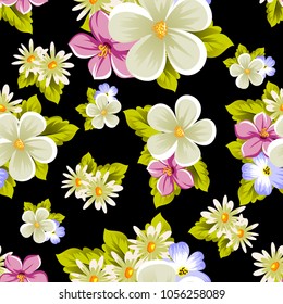 abstract beautiful seamless pattern of flowers on black background. For your design of greeting cards, invitations, fabric. Vector illustration.