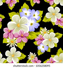 abstract beautiful seamless pattern of flowers on black background. For your design of greeting cards, invitations, fabric. Vector illustration.