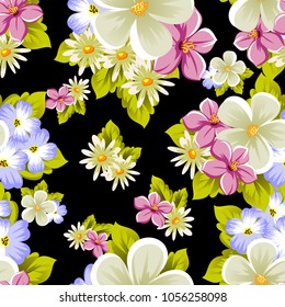 abstract beautiful seamless pattern of flowers on black background. For your design of greeting cards, invitations, fabric. Vector illustration.