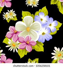 abstract beautiful seamless pattern of flowers on black background. For your design of greeting cards, invitations, fabric. Vector illustration.