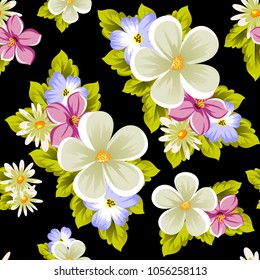 abstract beautiful seamless pattern of flowers on black background. For your design of greeting cards, invitations, fabric. Vector illustration.