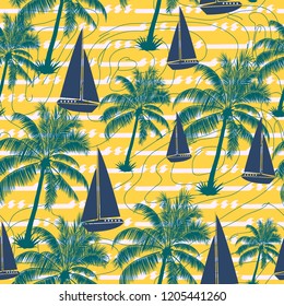 Abstract beautiful seamless pattern island. Landscape with palm trees,beach and ocean vector background.