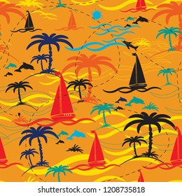 Abstract beautiful seamless pattern island. Landscape with palm trees,beach and ocean vector background.