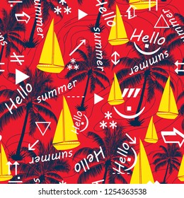 Abstract beautiful seamless pattern island. Landscape with palm trees,beach and ocean vector background. summer slogan with cartoon font illustration.