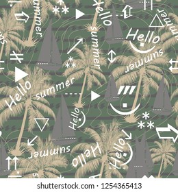 Abstract beautiful seamless pattern island. Landscape with palm trees,beach and ocean vector background. summer slogan with cartoon font illustration.