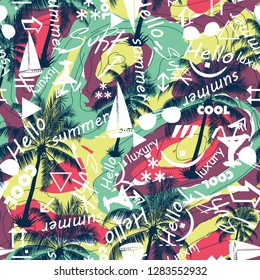 Abstract beautiful seamless pattern island. Landscape with palm trees,beach and ocean vector background. summer slogan with cartoon font illustration. – Vector