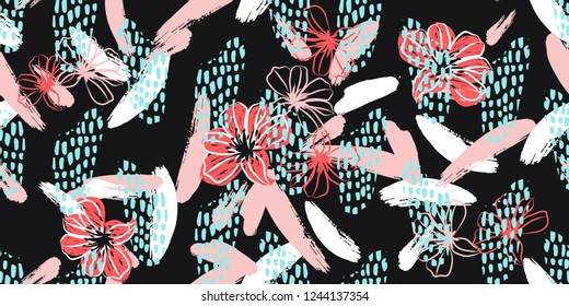  Abstract Beautiful Seamless Pattern Print with Flowers and Leaves on Brush Strokes Background. Colorful design for fabric, wallpaper, gift paper, blog,web ,invitation,wedding,birthday,party.