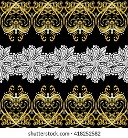 Abstract beautiful seamless vintage pattern with white flowers on black background.