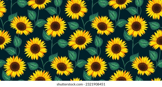 Resumen de diseño de patrones sin costuras de girasol hermoso sobre fondo azul oscuro. Ilustración de vector floral adorable