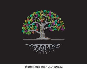 abstract beautiful tree and roots logo template with colorful leaves. isolated on black background and editable vector