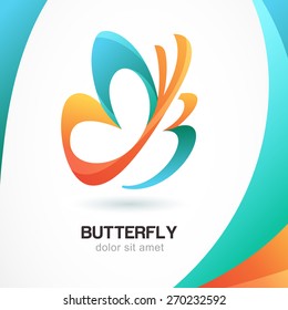 Abstract beautiful tropical butterfly symbol on colorful background. Logo design template. Concept for beauty salon, cosmetic and spa. Sign the letter B.
