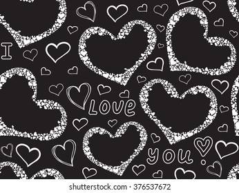 Abstract beautiful Valentine's vector seamless pattern with hearts and handwritten words of love 