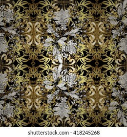 Abstract beautiful vintage seamless pattern with golden elements on black background.