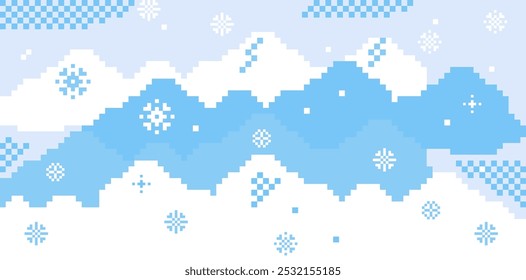 Abstractas hermoso paisaje invernal, colinas, copos de nieve. Azul claro, blanco. Fondo del invierno con la nieve que cae en el arte del pixel. Navidades, diseño de moda del pixel del año Nuevo. Patrón Horizontal de gradiente de Vector