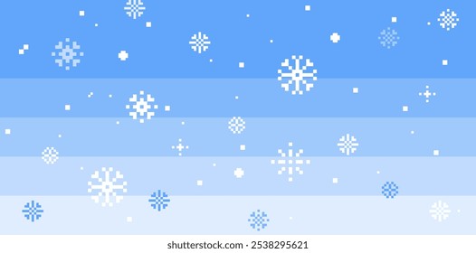 Abstract beautiful winter landscape. Snowflakes. Light blue winter sky background. Falling snow. Pixel art. Christmas, Xmas, New Year trendy pixel design. Simple soft gradient horizontal pattern