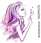 Abstract beautiful woman with flowers and butterflies in lines