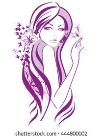 Abstract beautiful woman with flowers and butterflies in lines. A beautiful girl's face. Vector illustration.