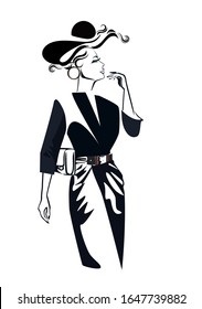 Abstract beautiful woman in hat in lines. A beautiful girl's face. Hand drawn vector illustration.