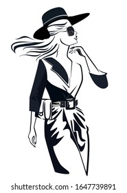 Abstract beautiful woman in hat in lines. A beautiful girl's face. Hand drawn vector illustration.