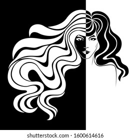 Abstract of beautiful woman's face in negative and positive space, hand drawing illustration, black and white conceptual expression 