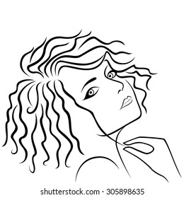 Abstract beautiful young girl half turn head and holding strand of hair in hand, hand drawing vector outline