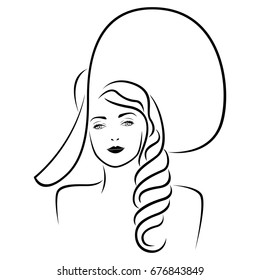 Abstract beautiful young lady with long locks and in big hat, vector black outline
