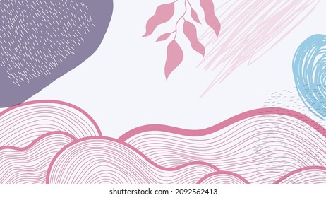 Abstract beauty backgrounds with organic shapes, floral and hand draw line in pastel colors. Modern design template with space for text. Minimal stylish cover for branding design. Vector illustration