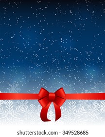 Abstract Beauty Christmas and New Year Background with Snow, Snowflakes, Red Bow and Ribbon. Vector Illustration EPS10