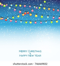 Abstract Beauty Christmas and New Year Background with Garland Bulb Lights and Falling Snow. Vector Illustration. EPS10