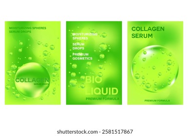 Abstract beauty cosmetic poster set with hyaluronic acid, collagen, niacinamide serum molecular spheres banner.Green organic cosmetology advertisement. Aesthetic premium cosmetic texture