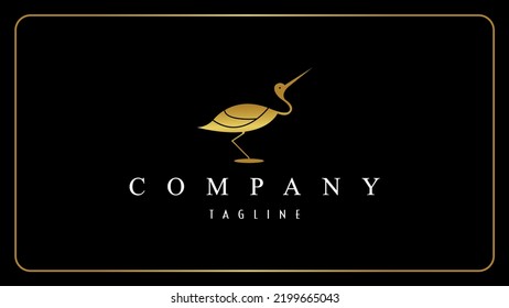 Abstract beauty heron bird vector logo design template, Creative gold heron bird monogram icon, Heron bird vector illustration art, Isolated on black background.