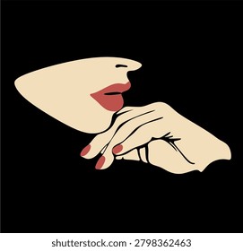 Abstract beauty icon featuring a woman's profile and hand.  Minimalist elegant female portrait silhouette against a dark backdrop. Hand drawn without artificial intelligence.