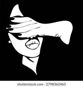 Abstract beauty icon featuring a woman's profile and hand.  Minimalist elegant female portrait silhouette against a dark backdrop. Hand drawn without artificial intelligence.