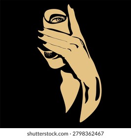 Abstract beauty icon featuring a woman's profile and hand.  Minimalist elegant female portrait silhouette against a dark backdrop. Hand drawn without artificial intelligence.