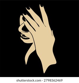 Abstract beauty icon featuring a woman's profile and hand.  Minimalist elegant female portrait silhouette against a dark backdrop. Hand drawn without artificial intelligence.