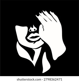 Abstract beauty icon featuring a woman's profile and hand.  Minimalist elegant female portrait silhouette against a dark backdrop. Hand drawn without artificial intelligence.