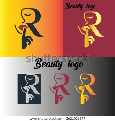 Abstract beauty logo design featuring a stylized female face forming the letter R, with a finger to lips gesture.