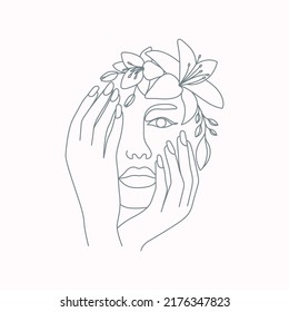Abstract beauty woman with flower feminine fashion female hands on the jaw line drawing lady art 