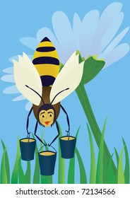 Abstract bee with buckets against the blue sky with a flower, EPS.8 file illustration.