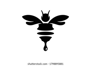 Abstract Bee drawn in black with a drop of honey comes out