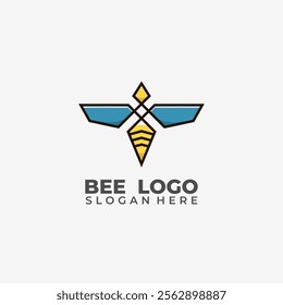 Abstract bee logo design with symmetrical shape blue wings color