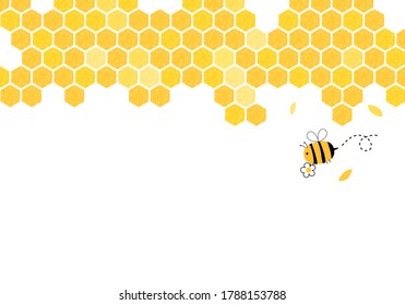 Abstract beehive with cartoon bee, flower and leaves on white background vector.