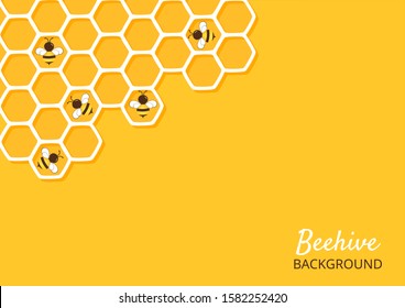 Abstract beehive with hexagon and cartoon bees on yellow background vector illustration.
