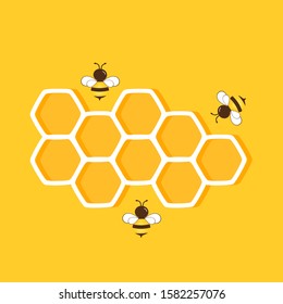 Abstract beehive with hexagon and flying cartoon bees on yellow background vector illustration. icon or logo.